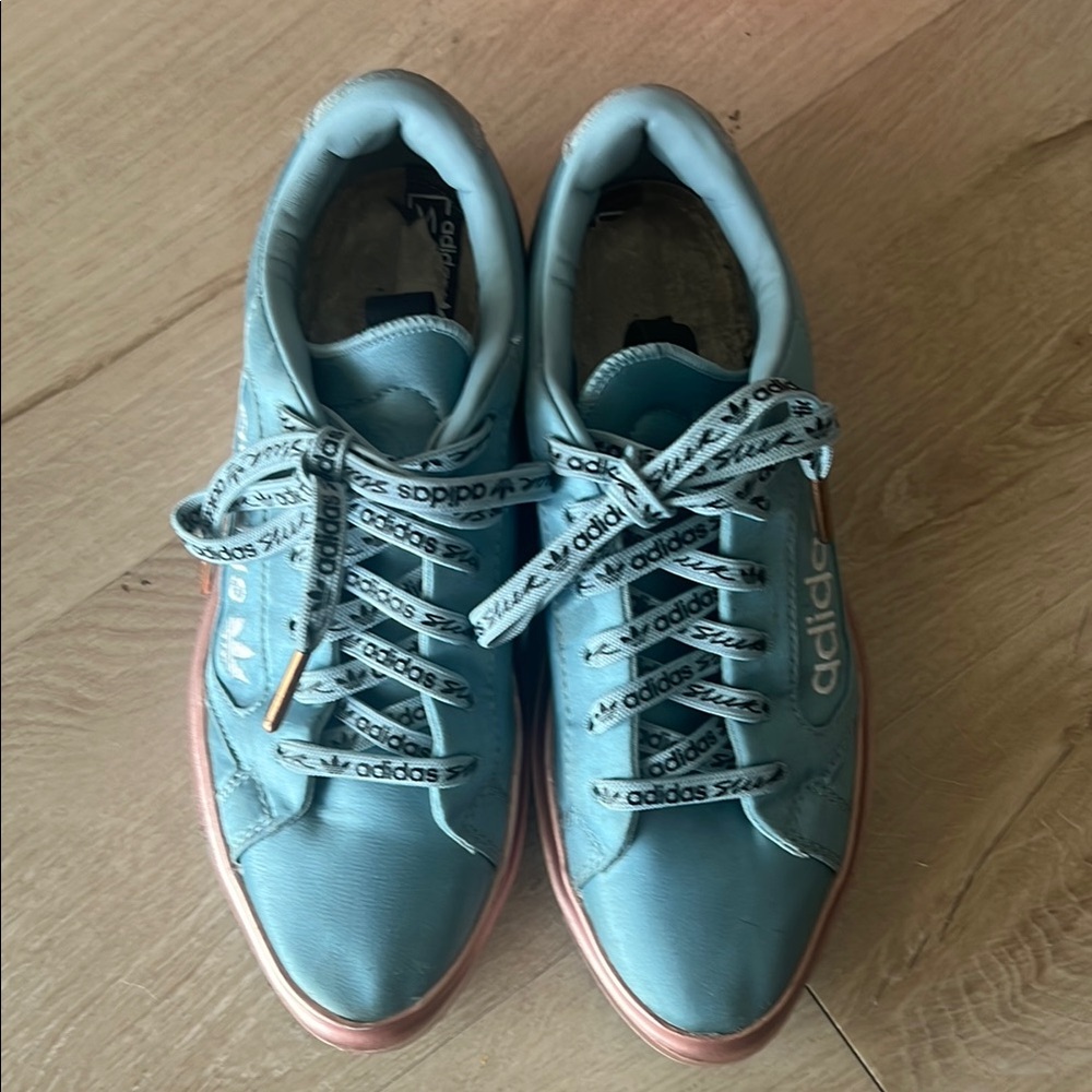 Adidas Light Blue Sneakers with Pink Accents